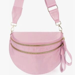 Elegant Pink Crossbody Bag with Gold Zippers
